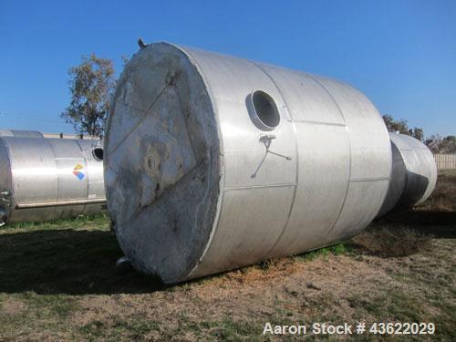 Used Saracco Tank & Mfg Approximately 8,500 Gallon Stainless Steel Storage Tank. Approximately 11' diameter x 12' straight side. Flat bottom and slight cone top. Various top openings including a 17"m...