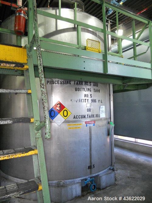 Used Saracco Tank & Mfg Approximately 8,500 Gallon Stainless Steel Storage Tank. Approximately 11' diameter x 12' straight side. Flat bottom and slight cone top. Various top openings including a 17"m...