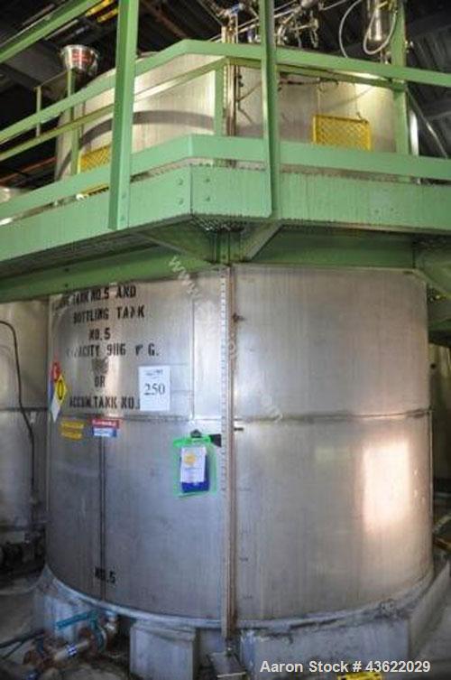 Used Saracco Tank & Mfg Approximately 8,500 Gallon Stainless Steel Storage Tank. Approximately 11' diameter x 12' straight side. Flat bottom and slight cone top. Various top openings including a 17"m...