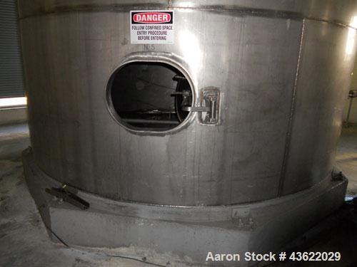 Used Saracco Tank & Mfg Approximately 8,500 Gallon Stainless Steel Storage Tank. Approximately 11' diameter x 12' straight side. Flat bottom and slight cone top. Various top openings including a 17"m...