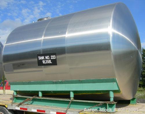 Used L'Hoir Incorporated Tank, 5,104 gallons (4250 Imperial), 304 stainless steel, horizontal. Approximately 100 1/2" diameter x 132" straight side, dished heads. 2 internal CIP spray balls. Top Open...