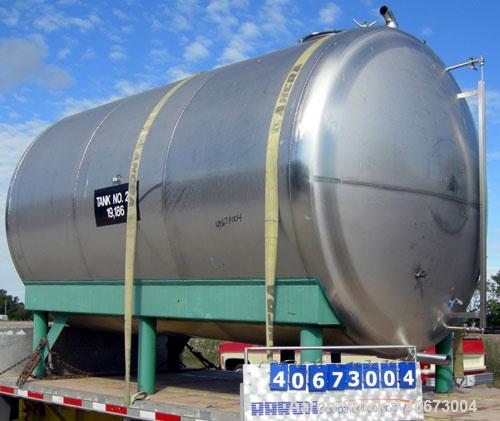 Used L'Hoir Incorporated tank, 4803 gallons (4000 Imperial), 304 stainless steel, horizontal. Approximately 94 1/2" diameter x 144" straight side, dished heads. 2 internal CIP spray balls. Top Openin...