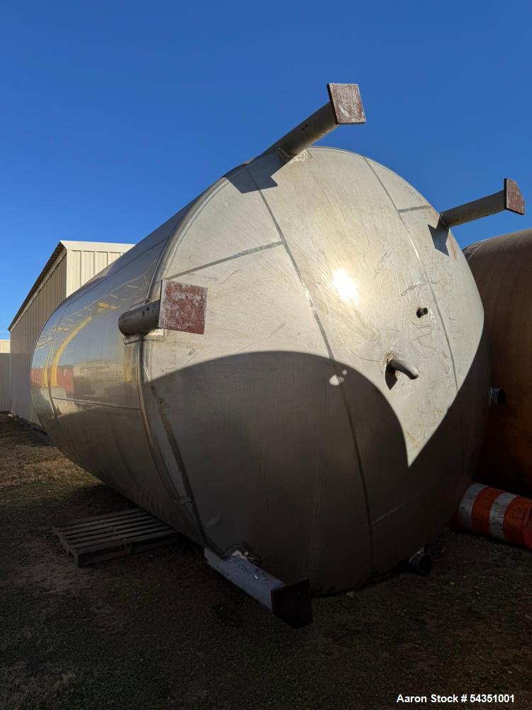Used Letco Incorporated Approximate 15,000 Gallon Stainless Steel Tank,  Approximate 144" diameter x 216" straight side, dished top & bottom. Mounts on (6) steel legs (2 legs have been cut). Serial# ...