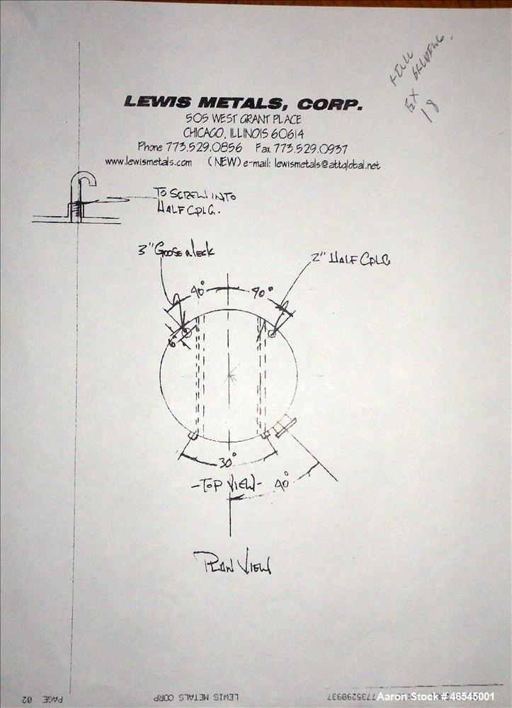 Used Lewis Metals Corp Tank, 7684 Gallon, 304 Stainless Steel, Vertical.  114" Dia. x 174" Straight Side, Flat Top and Flat Bottom, 24" Side Bottom Manway with Cover.  Built in 2001.