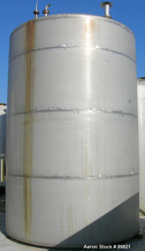 USED: Metal Equipment tank, approximately 8,000 gallons, stainless steel. 10' diameter x 14' straight side. Dish top, flat bottom. Misc top openings. 2" EBO.