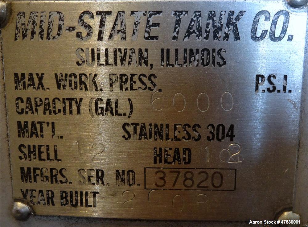 Used Mid-State Tank, 6000 Gallon, 304 Stainless Steel, Vertical.