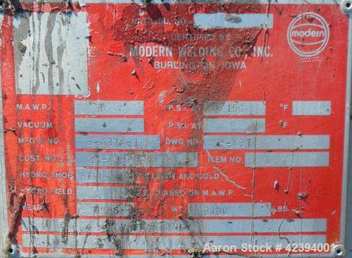 Used Modern Welding Company Tank, 9000 gallon, 304 stainless steel, vertical. Approximate 120" diameter x 184" straight side, dished top, flat bottom. Internal rated 5 psi at 150 deg F. (2) Approxima...