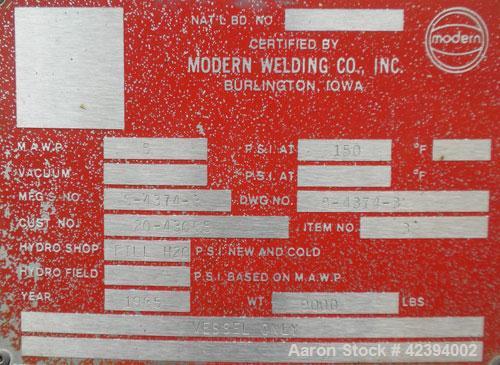 Used Modern Welding Company Tank, 9000 gallon, 304 stainless steel, vertical. Approximate 120" diameter x 184" straight side, dished top, flat bottom. Internal rated 5 psi at 150 deg F. (2) Approxima...