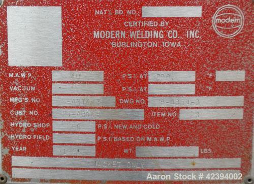 Used Modern Welding Company Tank, 9000 gallon, 304 stainless steel, vertical. Approximate 120" diameter x 184" straight side, dished top, flat bottom. Internal rated 5 psi at 150 deg F. (2) Approxima...