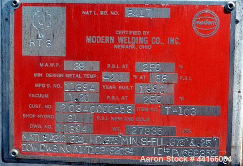 Used Modern Welding Pressure Tank, 25,000 Gallons, 304L Stainless Steel, Horizontal. 138" Diameter x 360" straight side, ASME dished heads. Internal rated 38 psi at -20 to 250 degrees F.. Openings to...
