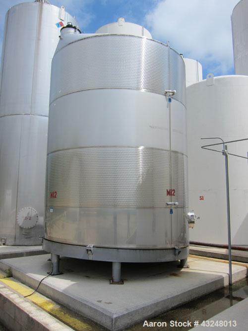 Used Mueller Tank, 11,933 Gallon, Model DF, Stainless Steel, Vertical. Approximate 140" diameter x 173" straight side. Off center coned top, sloped bottom. (2) 40" Sections of dimple jacket on the si...
