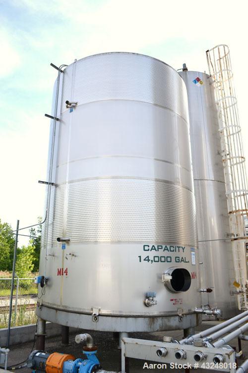 Used Mueller Tank, 13,892 Gallon, Model DF, Stainless Steel, Vertical. Approximate 144" diameter x 198" straight side. Off center coned top, sloped bottom. (2) 40" Sections of dimple jacket on the si...