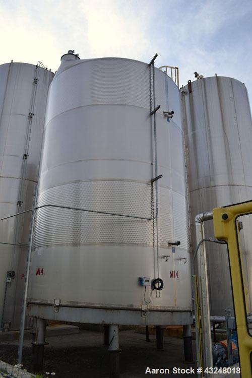 Used Mueller Tank, 13,892 Gallon, Model DF, Stainless Steel, Vertical. Approximate 144" diameter x 198" straight side. Off center coned top, sloped bottom. (2) 40" Sections of dimple jacket on the si...