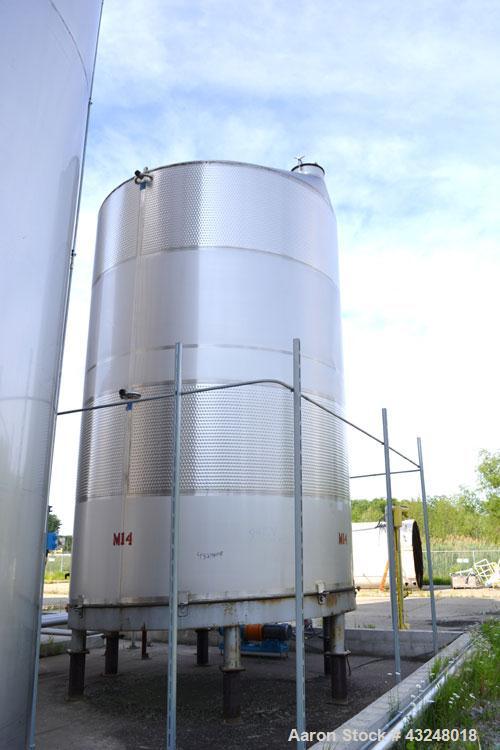 Used Mueller Tank, 13,892 Gallon, Model DF, Stainless Steel, Vertical. Approximate 144" diameter x 198" straight side. Off center coned top, sloped bottom. (2) 40" Sections of dimple jacket on the si...