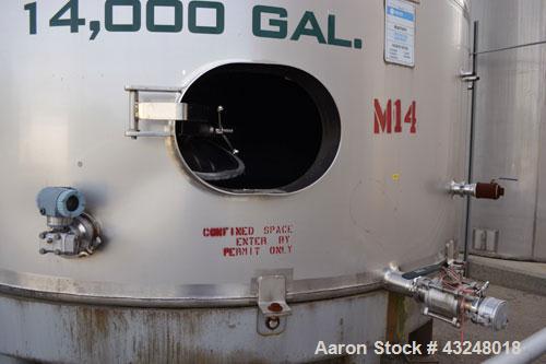 Used Mueller Tank, 13,892 Gallon, Model DF, Stainless Steel, Vertical. Approximate 144" diameter x 198" straight side. Off center coned top, sloped bottom. (2) 40" Sections of dimple jacket on the si...
