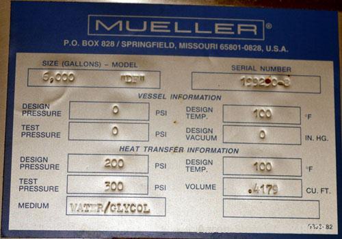Used Mueller Tank, 6000 Gallon, Model DF, 304 Stainless Steel, Vertical. Approximate 118" diameter x 126" straight side. Off center coned top, sloped bottom. (1) 46” Section of dimple jacket on the s...