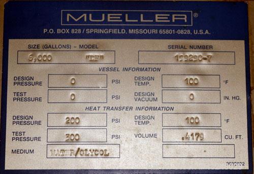 Used Mueller Tank, 6000 Gallon, Model DF, 304 Stainless Steel, Vertical. Approximate 118" diameter x 126" straight side. Off center coned top, sloped bottom. (1) 46” Section of dimple jacket on the s...