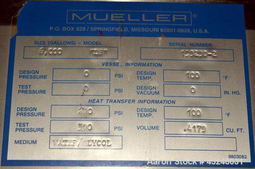 Used Mueller Tank, 6000 Gallon, Model DF, 304 Stainless Steel, Vertical. Approximate 118" diameter x 126" straight side. Off center coned top, sloped bottom. (1) 46” Section of dimple jacket on the s...