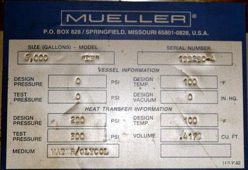 Used Mueller Tank, 6000 Gallon, Model DF, 304 Stainless Steel, Vertical. Approximate 118" diameter x 126" straight side. Off center coned top, sloped bottom. (1) 46” Section of dimple jacket on the s...
