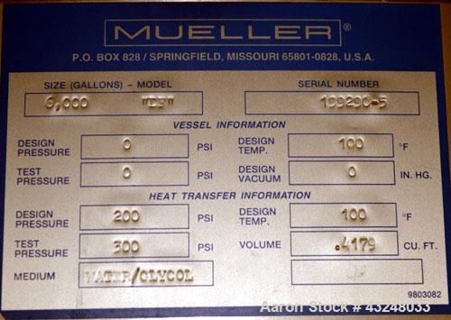 Used Mueller Tank, 6000 Gallon, Model DF, 304 Stainless Steel, Vertical. Approximate 118" diameter x 126" straight side. Off center coned top, sloped bottom. (1) 46” Section of dimple jacket on the s...