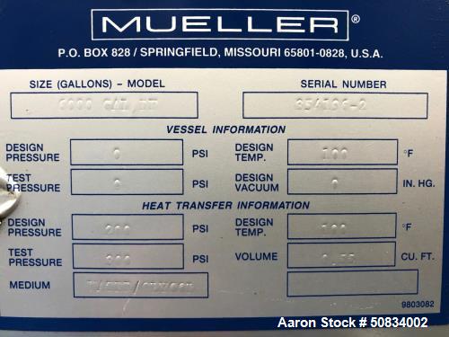 Used- Mueller 6,000 Gallon Stainless Steel Tank,