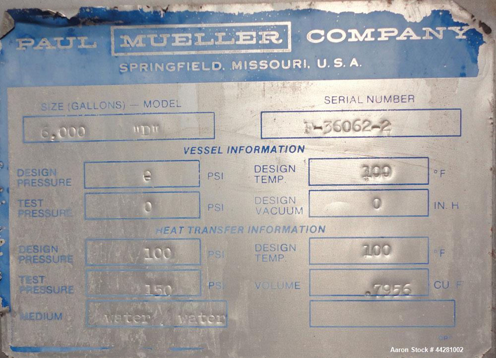 Used Mueller Storage Tank, 6,000 Gallon, Model D, 304 Stainless Steel, Vertical. 112” Diameter x approximate 135” straight side, dished top, 5” pitched sloped bottom. Sidewall dimple jacket, approxim...