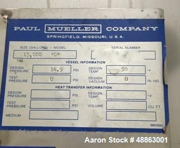 Used Mueller Tank, 15,000 Gallon, Model "D", 304 Stainless Steel, Vertical.