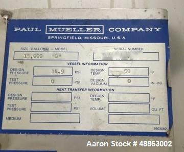 Used Mueller Tank, 15,000 Gallon, Model "D", 304 Stainless Steel, Vertical.