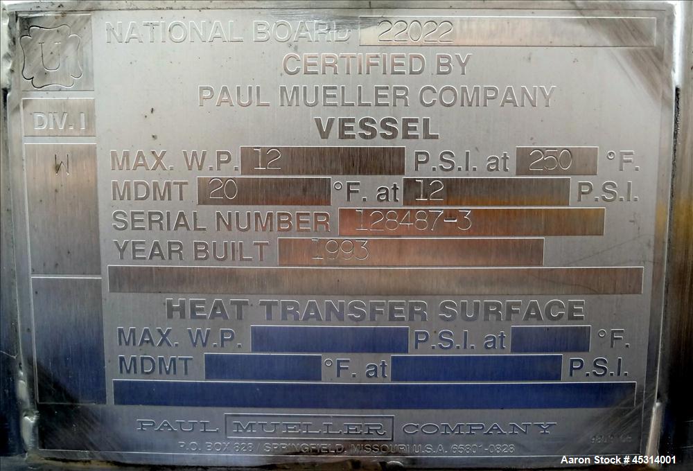 Unused- Mueller Tank, 6000 Gallon, Model "F" Fermenter Blend Tank-Non-Jacketed. 304 Stainless Steel Construction.  136" Inner Diameter x 75" Straight Side.  Vertical, Dished Top and Cone Bottom.  Ins...