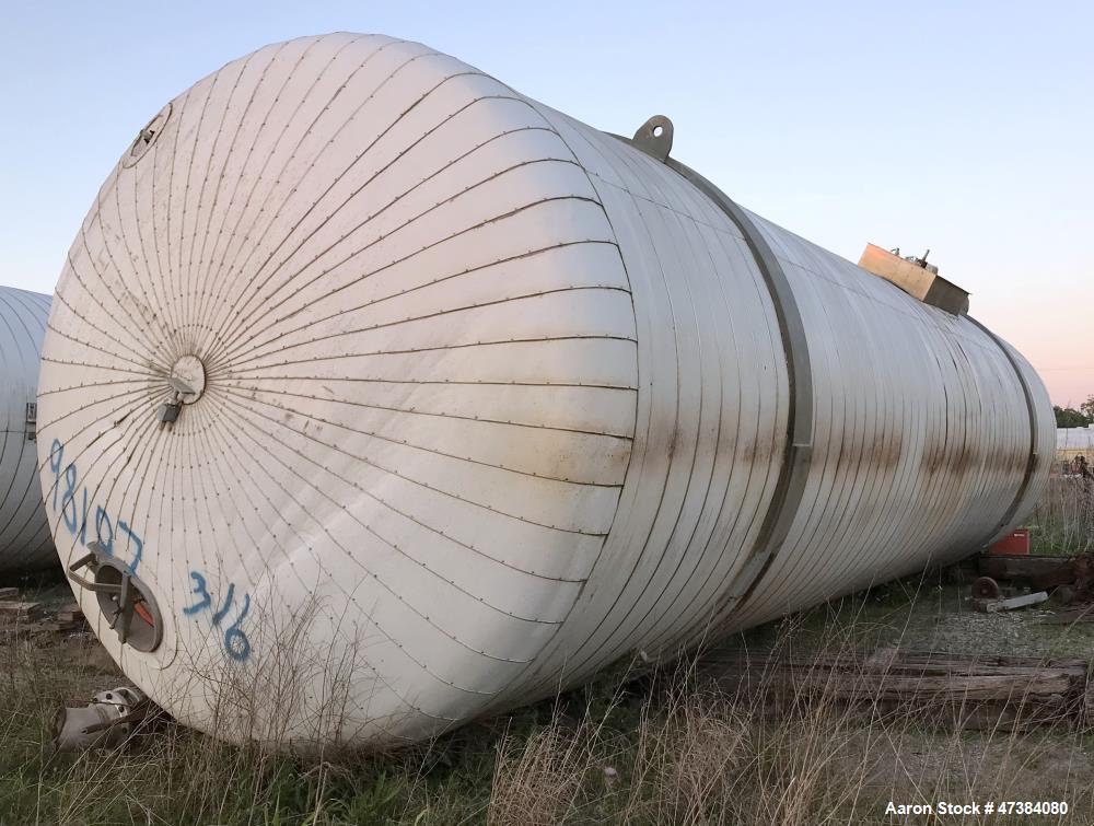 Used Mueller Tank, 45,000 Gallon, Model H, 316L Stainless Steel, Horizontal. Approximate 148-1/2" diameter x 564" straight side, dished heads. Shell & heads are 0.25" thick. Internal rated 9 psi at 3...
