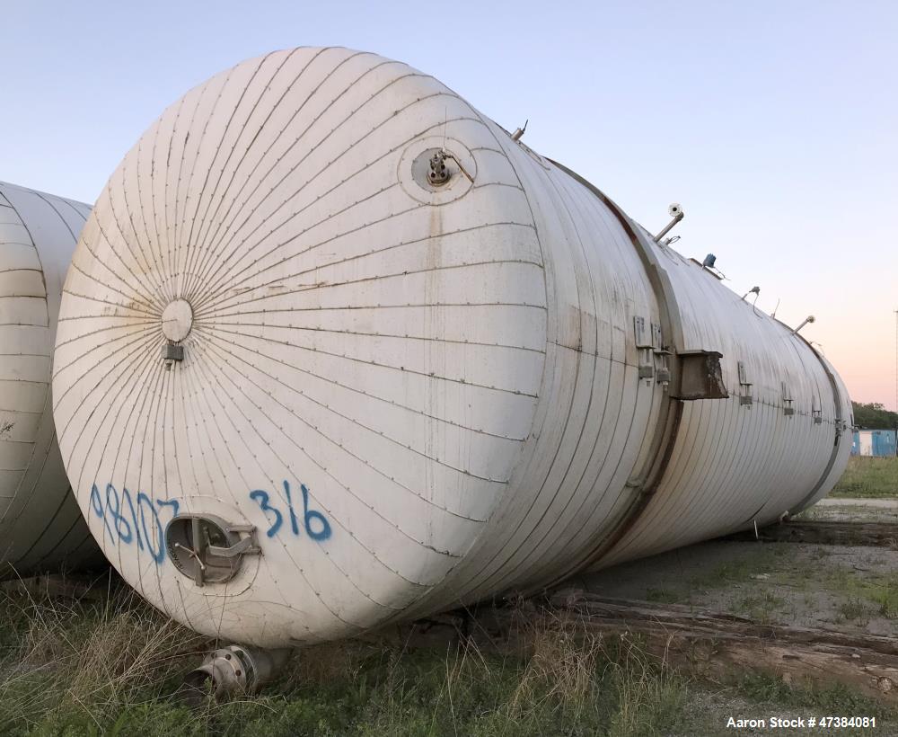 Used Mueller Tank, 45,000 Gallon, Model H, 316L Stainless Steel, Horizontal. Approximate 148-1/2" diameter x 564" straight side, dished heads. Shell & heads are 0.25" thick. Internal rated 9 psi at 3...