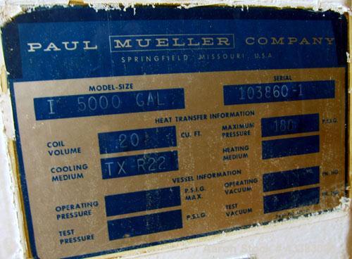 Used Mueller Tank, 5,000 Gallon, 304 Stainless Steel. Approximate 108” Diameter x approximate 125” straight side, dished top and bottom. 20 Cubic feet partial section of sidewall dimple jacket, cooli...