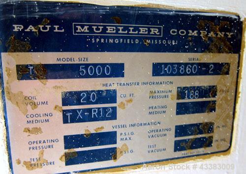 Used Mueller Tank, 5,000 Gallon, 304 Stainless Steel. Approximate 108” Diameter x approximate 125” straight side, dished top and bottom. 20 Cubic feet partial section of sidewall dimple jacket, cooli...