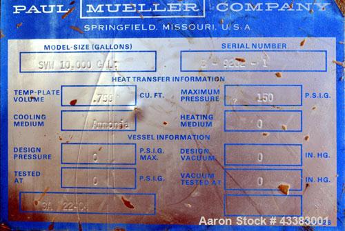 Used Mueller Silo Storage Tank, 10,000 Gallon, Model SVW, 304 Stainless Steel. 120” Diameter x approximate 220” straight side, dished top, sloped bottom. (0.759) Cubic feet of sidewall dimple jacket,...