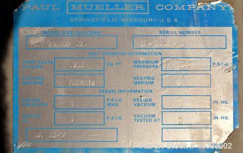 Used Mueller Silo Storage Tank, 10,000 Gallon, Model SVW, Stainless Steel. 120” Diameter x approximate 220” straight side, dished top, sloped bottom. (0.759) Cubic feet of sidewall dimple jacket, coo...