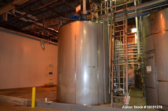 Used- Approximately 9,110 Gallon Vertical Jacketed Stainless Steel Tank. Manufacturer: Mueller. Jacket rated at 150 psi at 1...