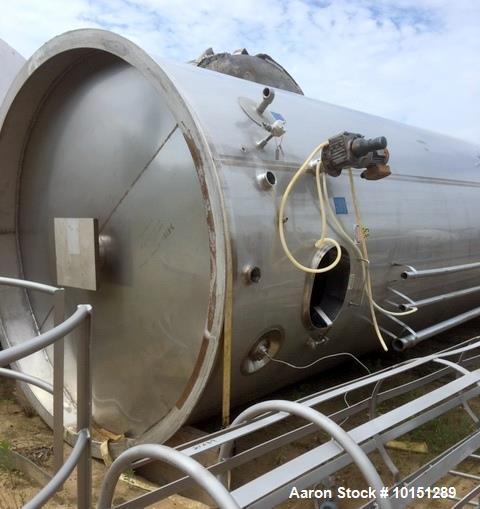 Used- Mueller 6000 Gallon Vertical 316 Stainless Steel Jacketed Tank. Sanitary polished, interior, 7'4" diameter x 20' strai...