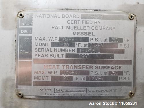 Used- Mueller Sanitary Jacket Vacuum Rated Reactor / Fermenter / Pasteurizer