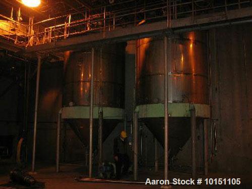 Used Approximately 5,000 gallon stainless steel tank.9' Diameter x 10'6" straight side.With slight cone top and 6'6" cone bottom.4" Center bottom discharge, 4" center opening, 8" gate valve, 24" x 18...