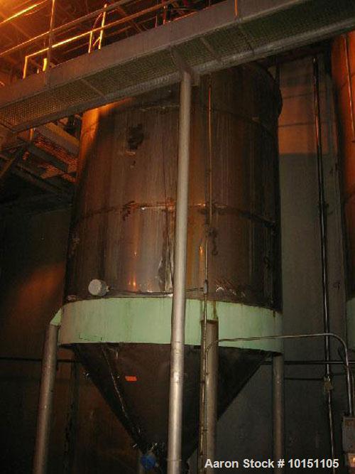 Used Approximately 5,000 gallon stainless steel tank.9' Diameter x 10'6" straight side.With slight cone top and 6'6" cone bottom.4" Center bottom discharge, 4" center opening, 8" gate valve, 24" x 18...