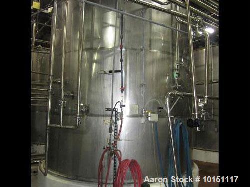 Used Approximately 10,000 gallon stainless steel tank.11'6" Diameter x 12' straight side.Flat top with metal ring and sight glass.Lightnin 3 hp side bottom agitator.(5) 2.5" side openings with valves...