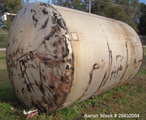 Used Tank, Approximate 5000 Gallon, Stainless Steel, Horizontal. Approximate 102" diameter x 132" straight side. Dish ends. Openings: 20" manway with cover, 2", (2) 1-1/2". Requires saddles.