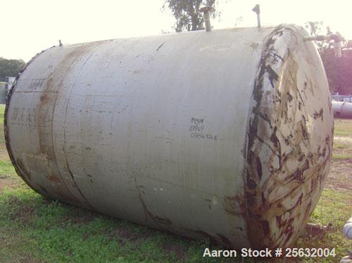 Used Tank, Approximate 5000 Gallon, Stainless Steel, Horizontal. Approximate 102" diameter x 132" straight side. Dish ends. Openings: 20" manway with cover, 2", (2) 1-1/2". Requires saddles.