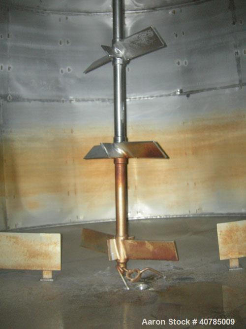 Used Tank, 6,000 Gallon, 304 Stainless Steel, Vertical. 144" diameter x 84" straight side. Flat top, slight coned bottom. Top carbon steel agitator bridge with an approximately 2" diameter bottom sup...
