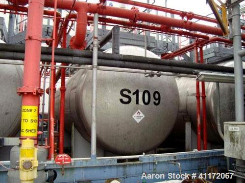 Used- Tank, Approximately 6342 Gallon (24,000 liter), Stainless Steel, Horizontal. Mounted on carbon steel saddles.