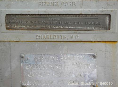 Used Bendel Tank, 5,000 Gallon, 304 Stainless Steel, Vertical. 118" diameter x 108" straight side, coned top, sloped bottom. UL rated for above ground flammable storage, UL#439373. Top mounted off ce...