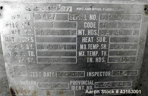 Used Canadian Pipe And Steel Fabricators Pressure Tank, 5500 Gallon, 316 Stainless Steel, Vertical. 108’’ Diameter x 128’’ straight side, dished top and bottom. Internal rated 300 psi at 200 degrees ...