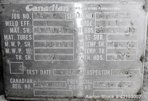 Used Canadian Pipe And Steel Fabricators Pressure Tank, 5500 Gallon, 316 Stainless Steel, Vertical. 108’’ Diameter x 128’’ straight side, dished top and bottom. Internal rated 300 psi at 200 degrees ...