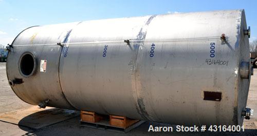 Used Tank, 5,700 Gallon, 304 Stainless Steel, Vertical.  Approximately 90’’ diameter x 210’’ straight side.  Coned top, flat bottom.  Openings: top (2) 3’’, 10’’, 4-1/2’’ NPT; side 3’’, 19’’ manway, ...