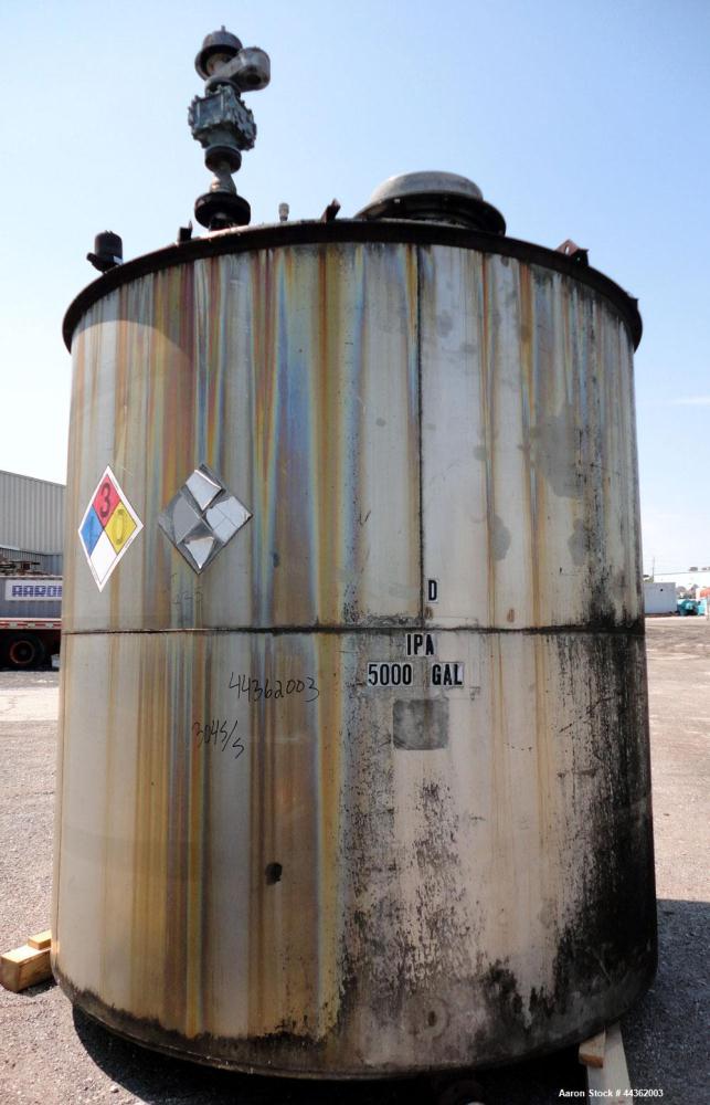 Used Tank, 5100 Gallon, 304 Stainless Steel, Vertical. Approximately 114 diameter x 116 straight side, flat top, sloped bottom. Internal ladder. Openings: top (2) 4", 20" manway, no cover; 3" off cen...